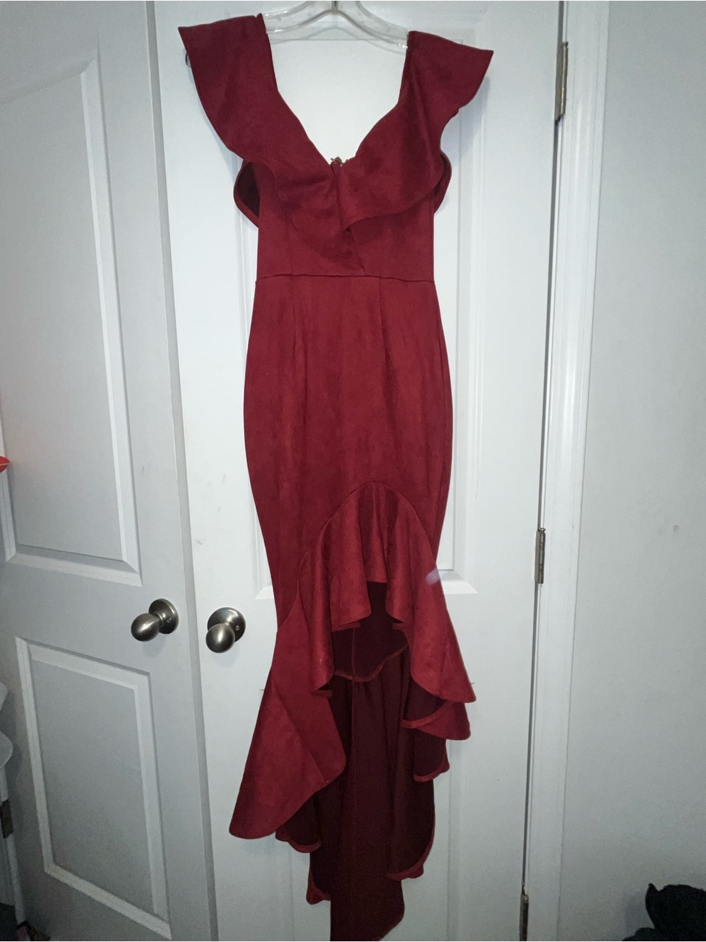 Fashion Nova Ruffled High-Low Dress in Burgundy Red